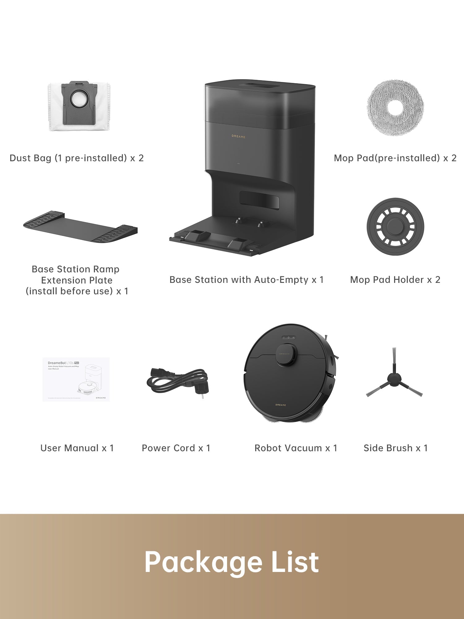 Dreame L10s Plus Robot Vacuum package list including accessories and auto-empty dock.