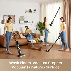 Dreame H12 vacuum cleaner in use for various cleaning tasks in a modern living room.
