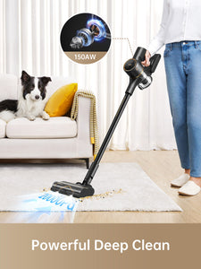 Dreame R10 Pro cordless vacuum demonstrating powerful 150AW suction in a living room.
