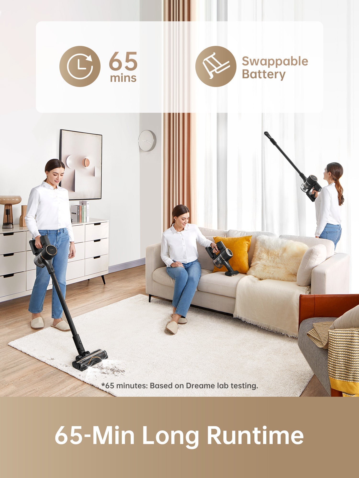 Dreame R10 Pro cordless vacuum showcasing 65-minute runtime and swappable battery feature.