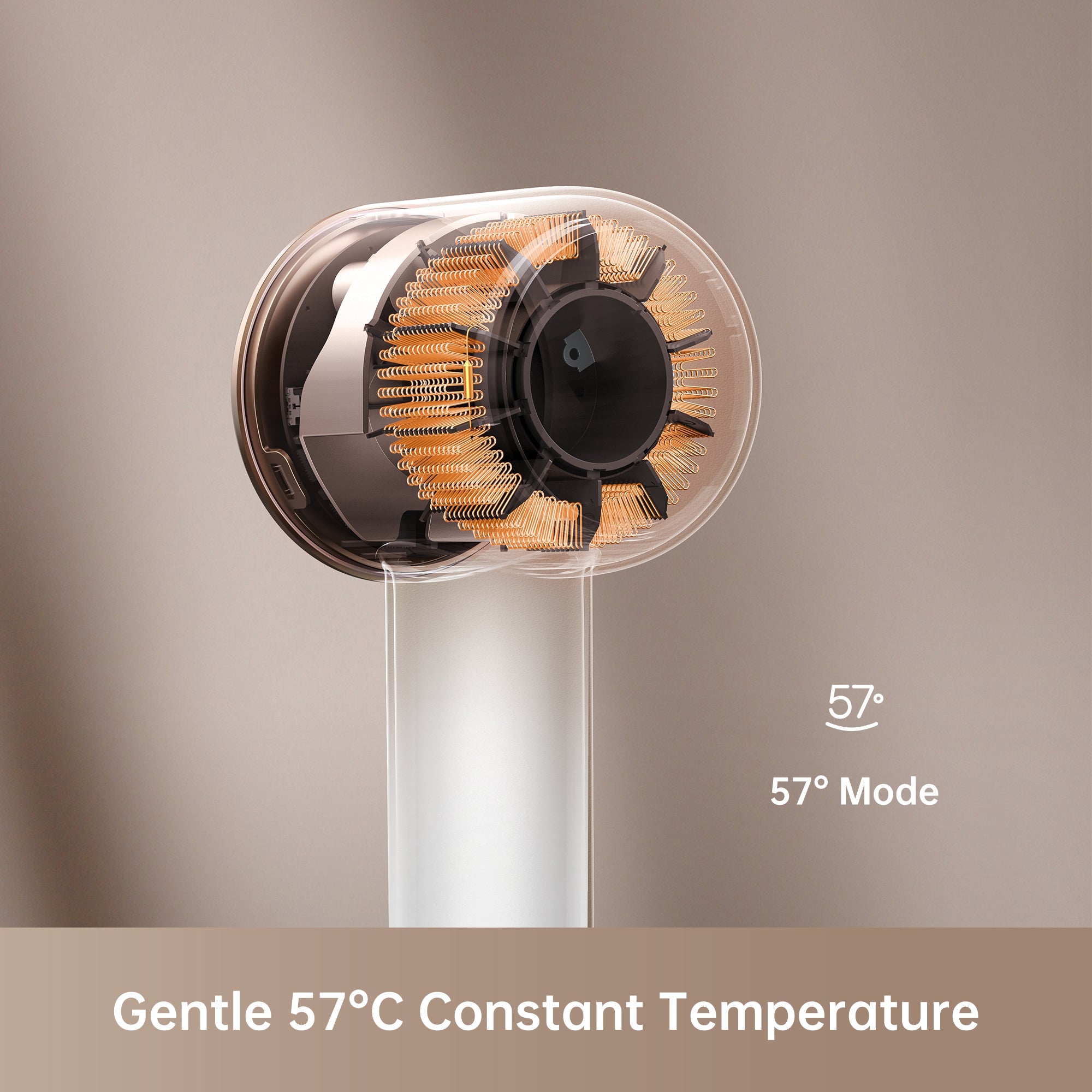 Dreame Hair Glory dryer displaying its 57°C constant temperature setting feature