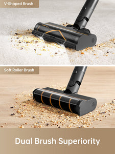 V-shaped and soft roller brushes showcasing dual brush design of Dreame R10 Pro vacuum.