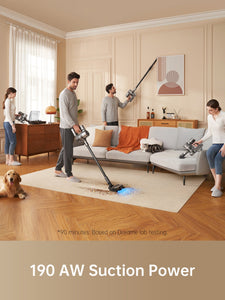 Family using Dreame R20 Cordless Stick Vacuum for efficient home cleaning