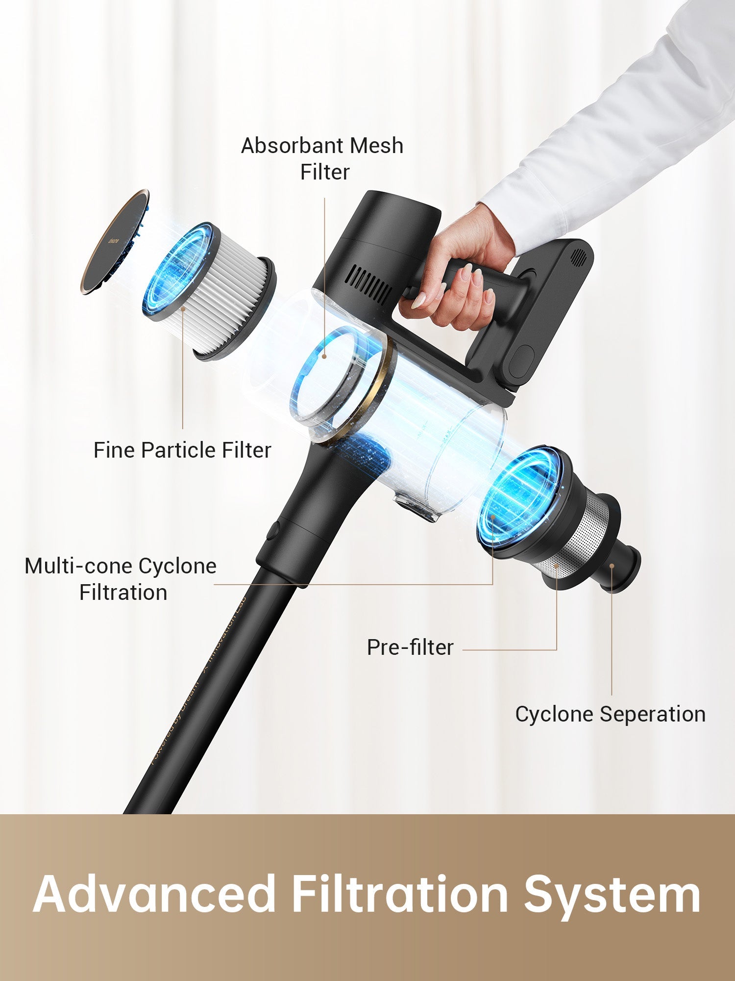 Dreame R10 Pro cordless vacuum showcasing advanced filtration system with multi-cone cyclone.