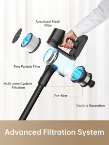 Dreame R10 Pro cordless vacuum showcasing advanced filtration system with multi-cone cyclone.
