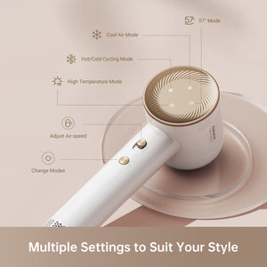 Dreame Hair Glory high-speed hair dryer showing multiple settings and modes on design.