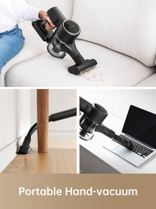 Portable hand vacuum cleaning various surfaces including sofa, floor, and laptop.