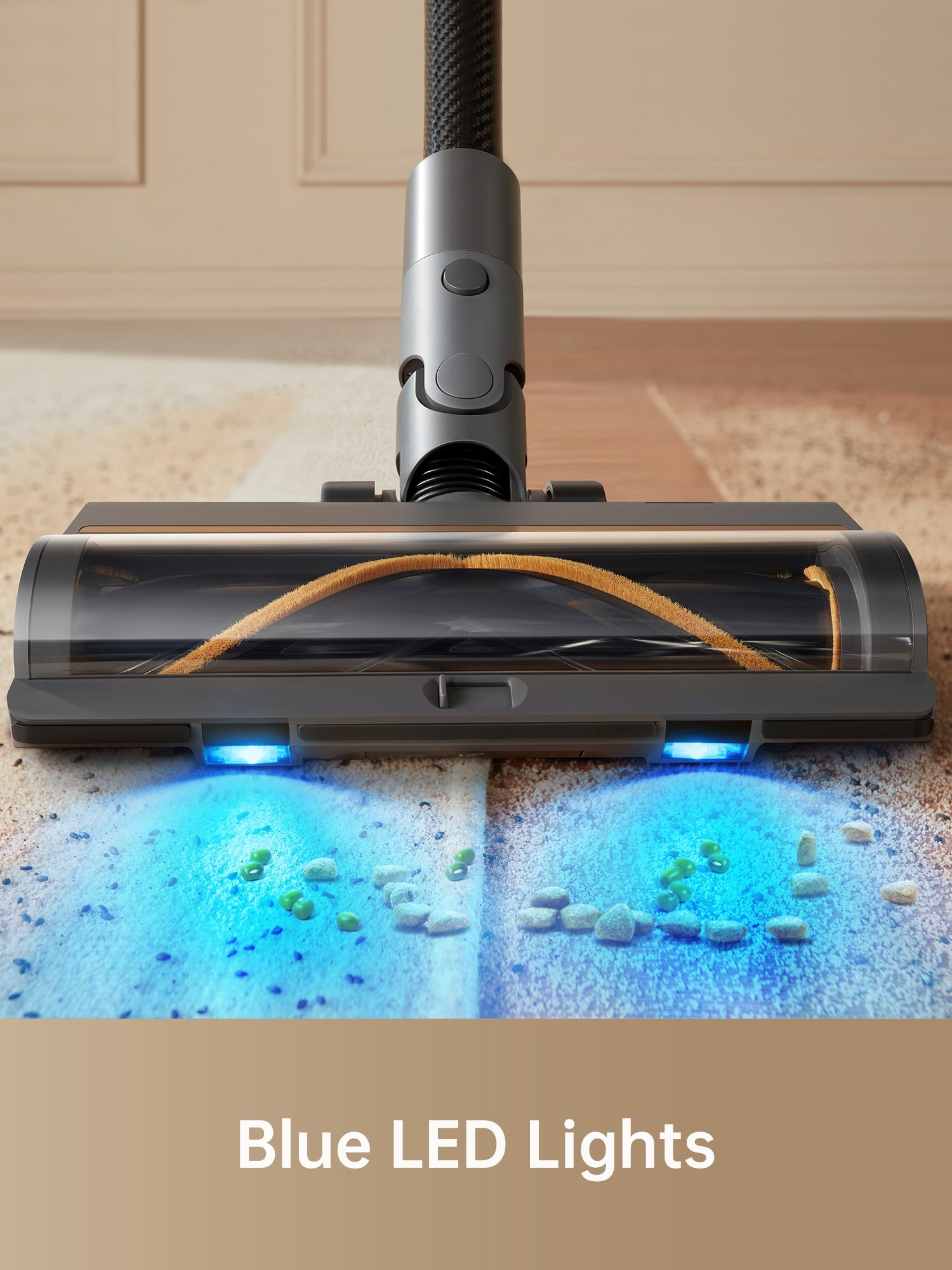 Dreame R20 vacuum brush head with blue LED lights detecting dirt on carpet