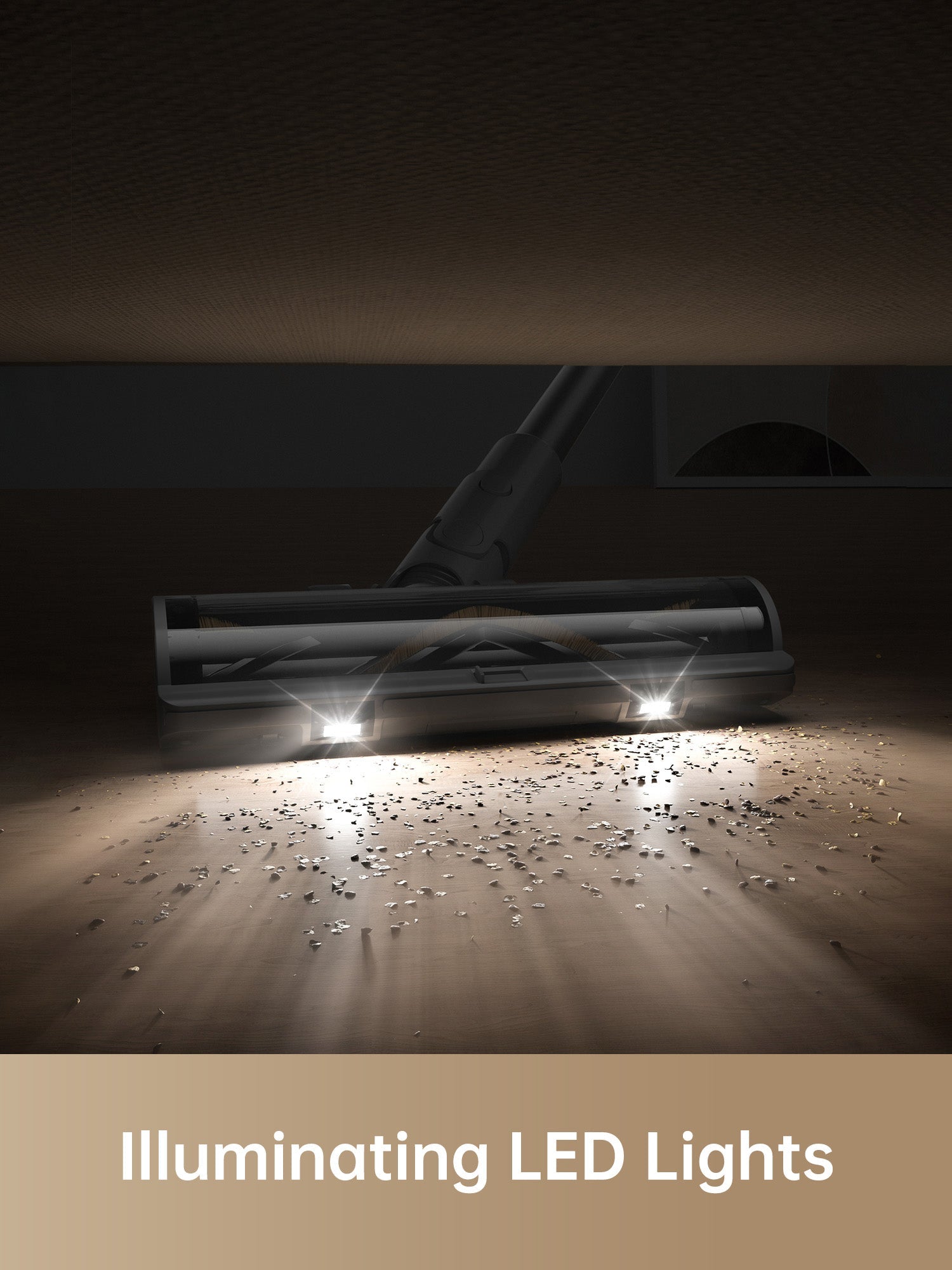 Dreame R10 Pro cordless vacuum highlighting illuminating LED lights for visibility.