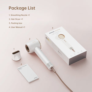 Dreame Hair Glory high-speed hair dryer with packaging and accessories displayed.