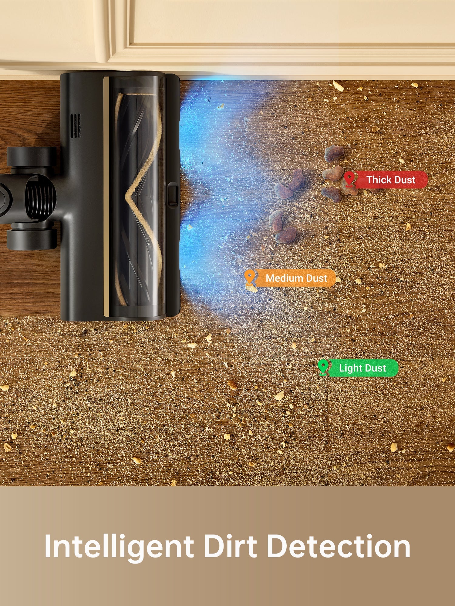 Close-up of Dreame R20 vacuum brush head with intelligent dirt detection features