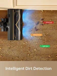 Close-up of Dreame R20 vacuum brush head with intelligent dirt detection features