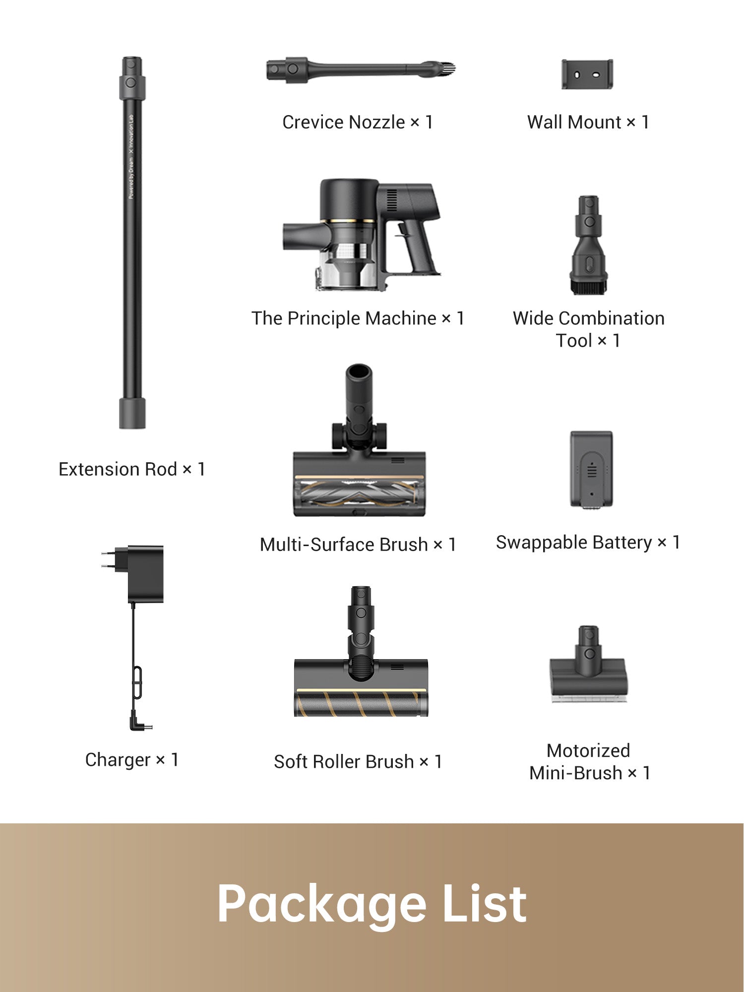 Dreame R10 Pro vacuum accessories: crevice nozzle, multi-surface brush, extension rod