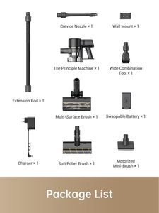 Dreame R10 Pro vacuum accessories: crevice nozzle, multi-surface brush, extension rod