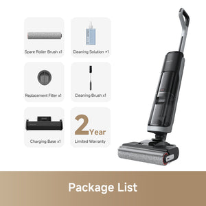 Dreame H14 vacuum package list with accessories and 2-year warranty.