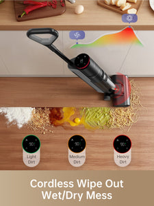 Dreame H12 Pro cleaning up wet and dry messes on kitchen floor with smart sensor