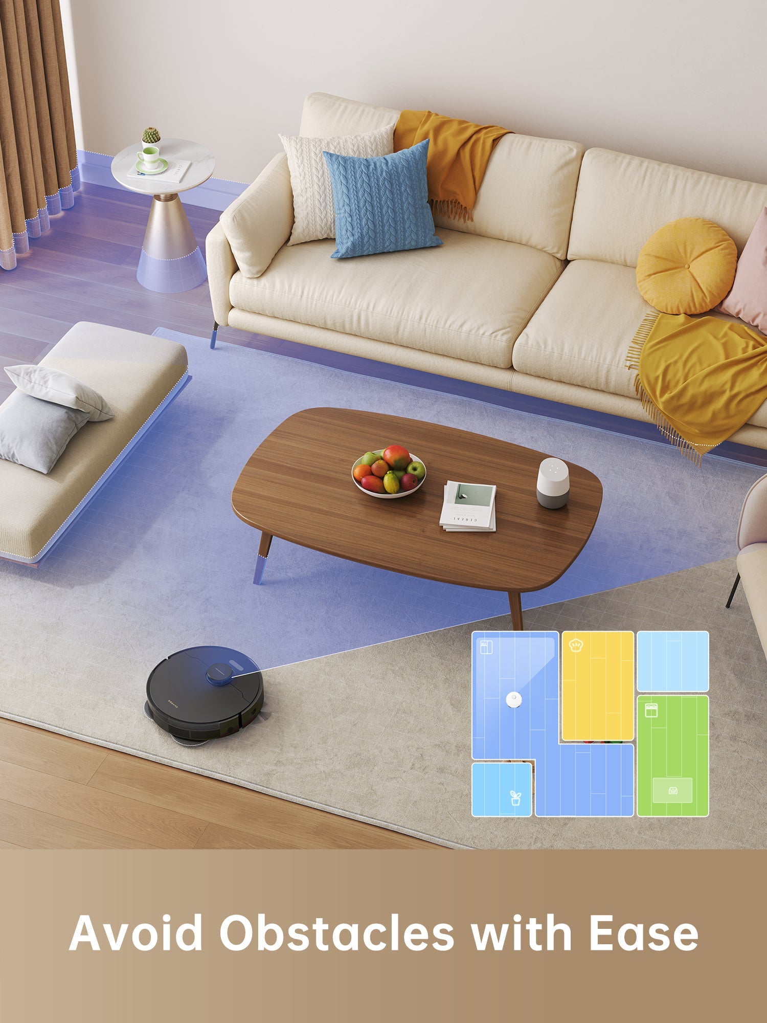 Dreame L10s Plus Robot Vacuum navigating around furniture in living room.